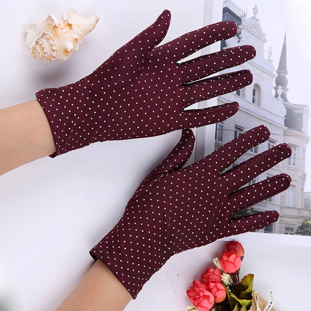 Women's Anti-UV Spandex Driving Gloves – Dot Sunscreen Driving Gloves PLUSH red