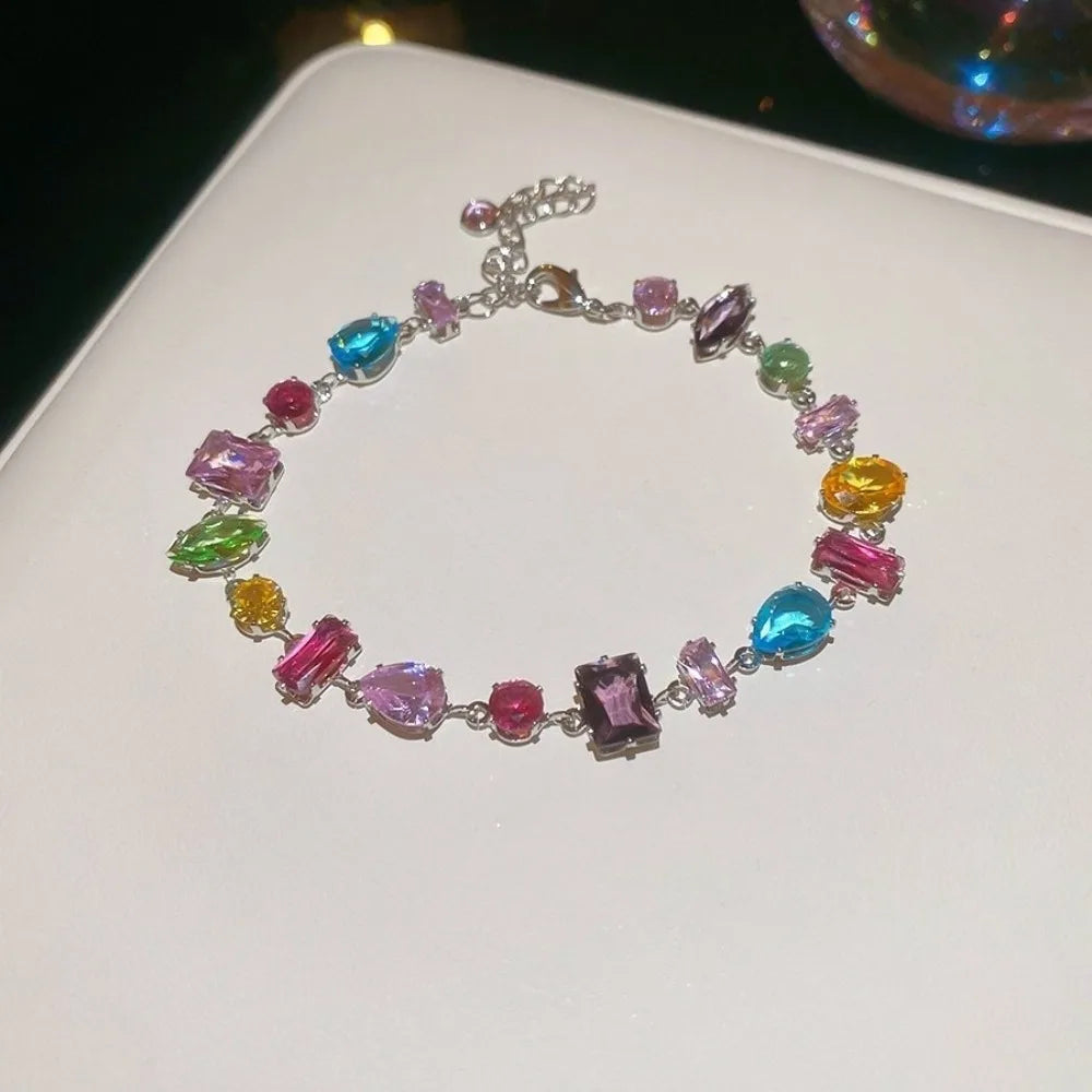 Colorful Zircon Crystal Necklace Bracelet & Earrings Set Crystal Jewelry Set PLUSH Silver Bracelet