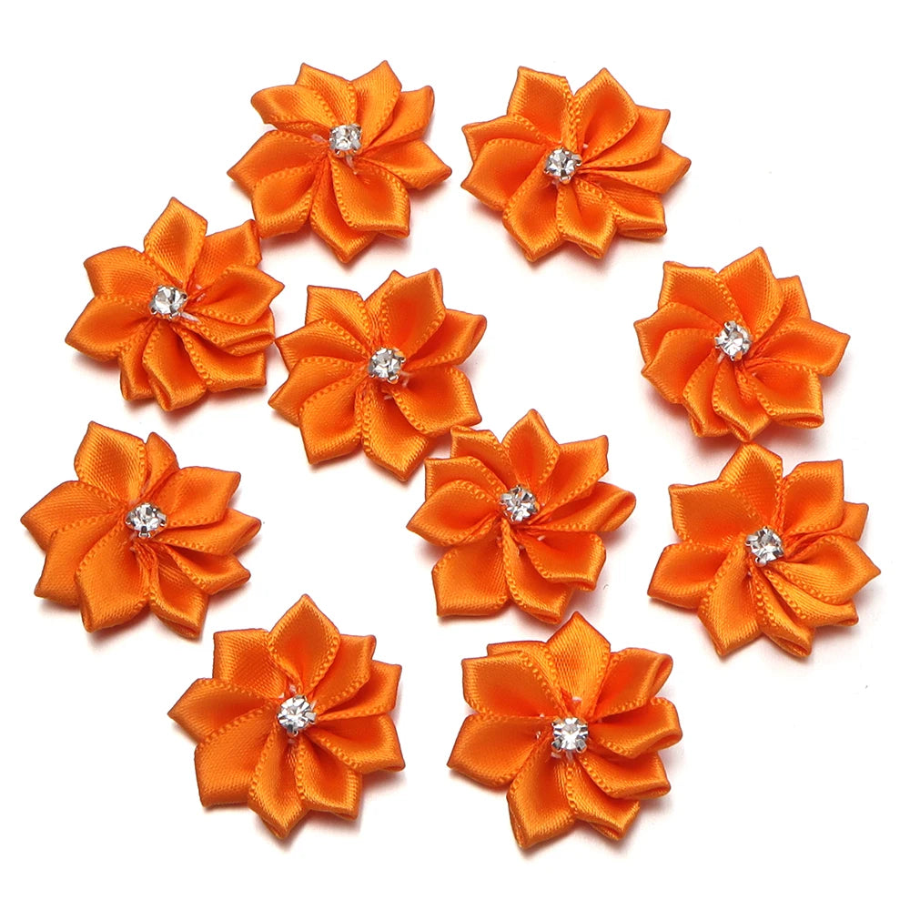 10pcs 3cm Satin Ribbon Flowers Rhinestone 9-Petal DIY Craft Fabric Flower Appliqué PLUSH Orange
