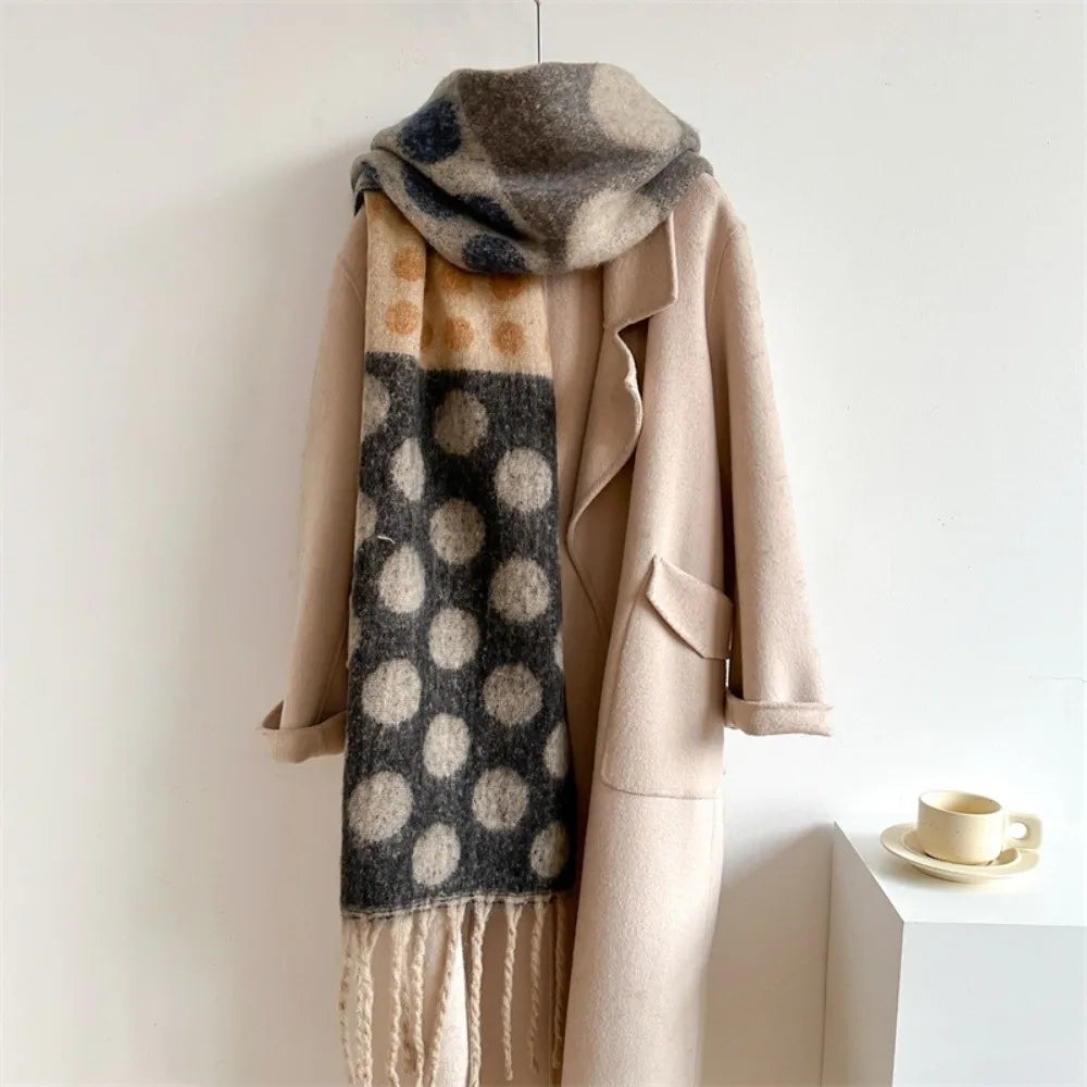 Vintage Polka Dot Faux Cashmere Scarf – Tassel Wrap Shawl Scarf & Wrap Shawl PLUSH Black-Grey
