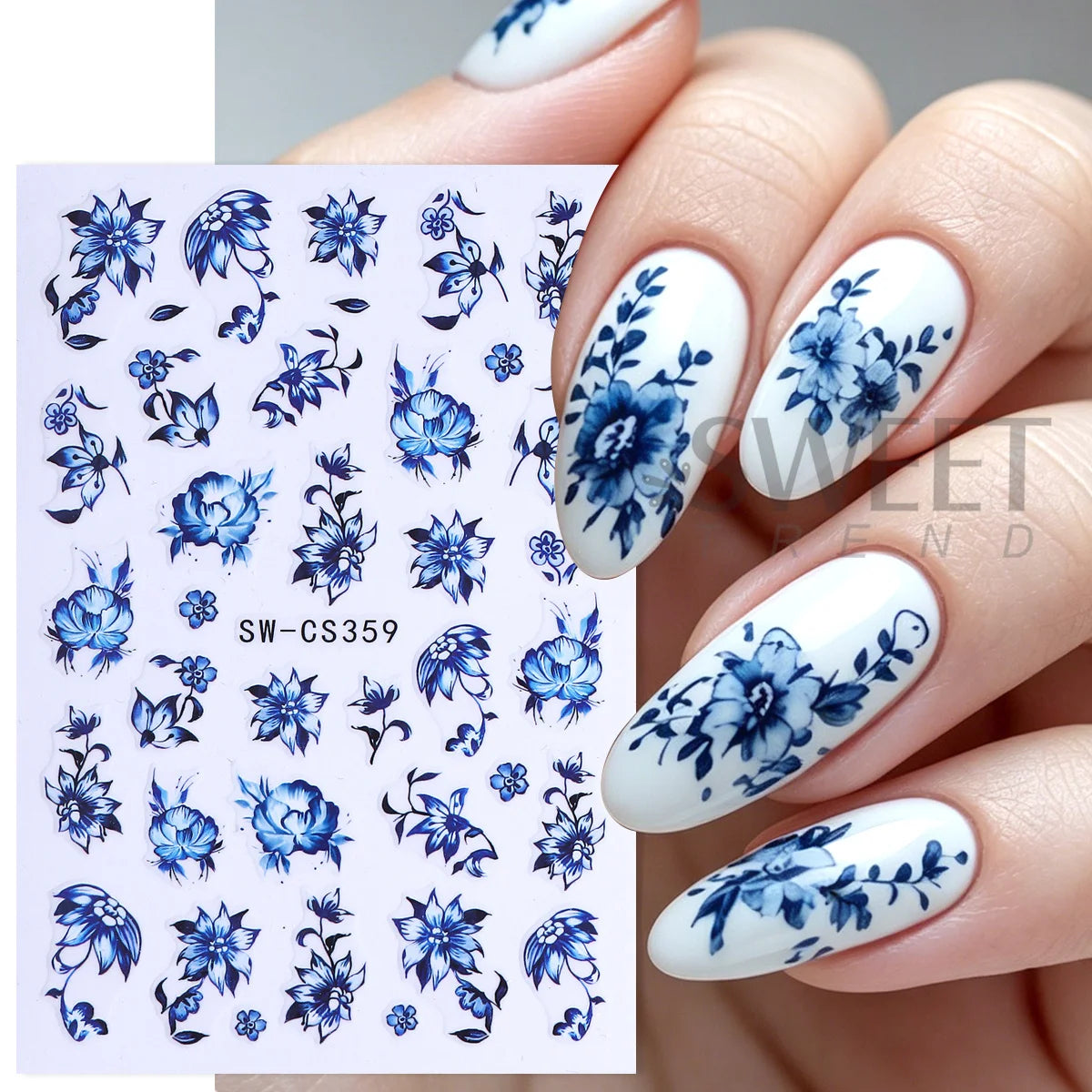 3pcs Blue White Porcelain Nail Stickers – Chinese Floral Decals Nail Art Stickers PLUSH