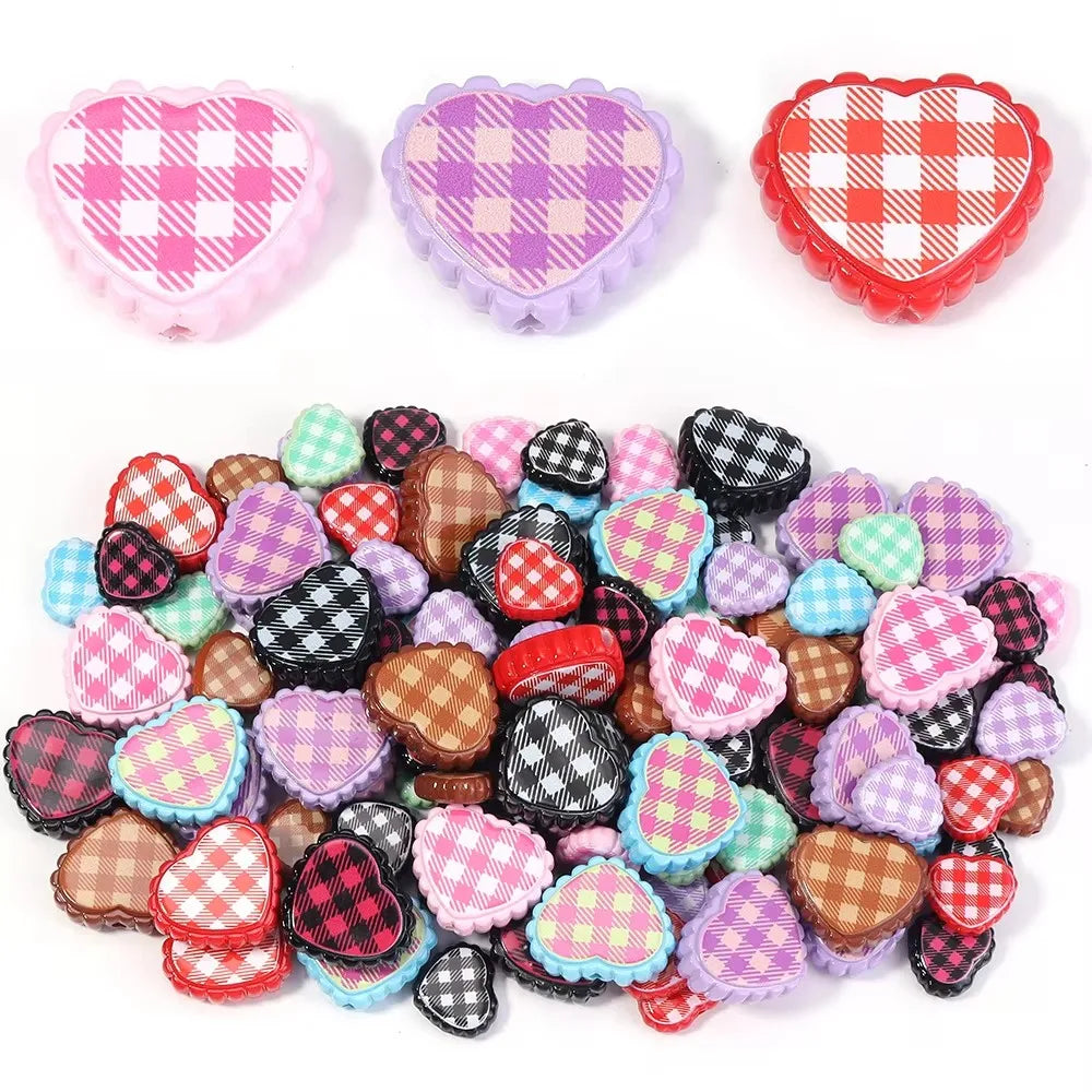 6pcs Plaid Heart Acrylic Spacer Beads – Colorful DIY Jewelry Acrylic Spacer Beads PLUSH