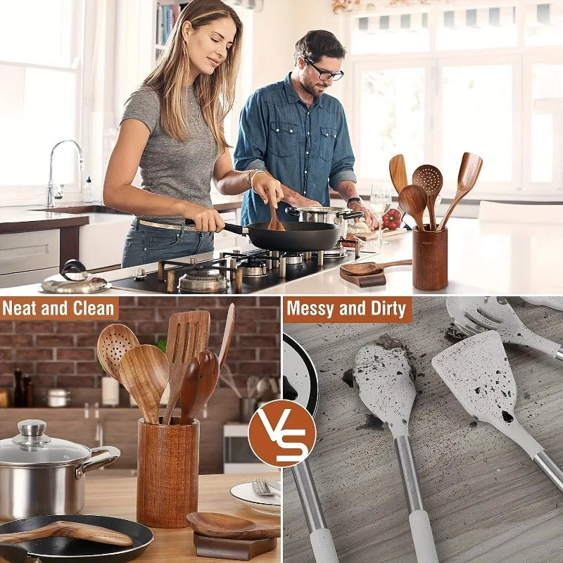 9-Piece Wooden Cooking Utensils Set – Non-Stick Safe Kitchen Wooden Utensil Set PLUSH