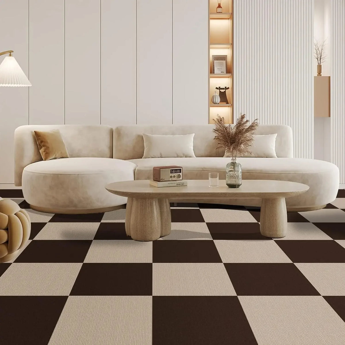 40pcs Self-Adhesive Carpet Tiles – DIY Peel & Stick Floor Mats Carpet Floor Tiles PLUSH KhakiBrown--40Pcs