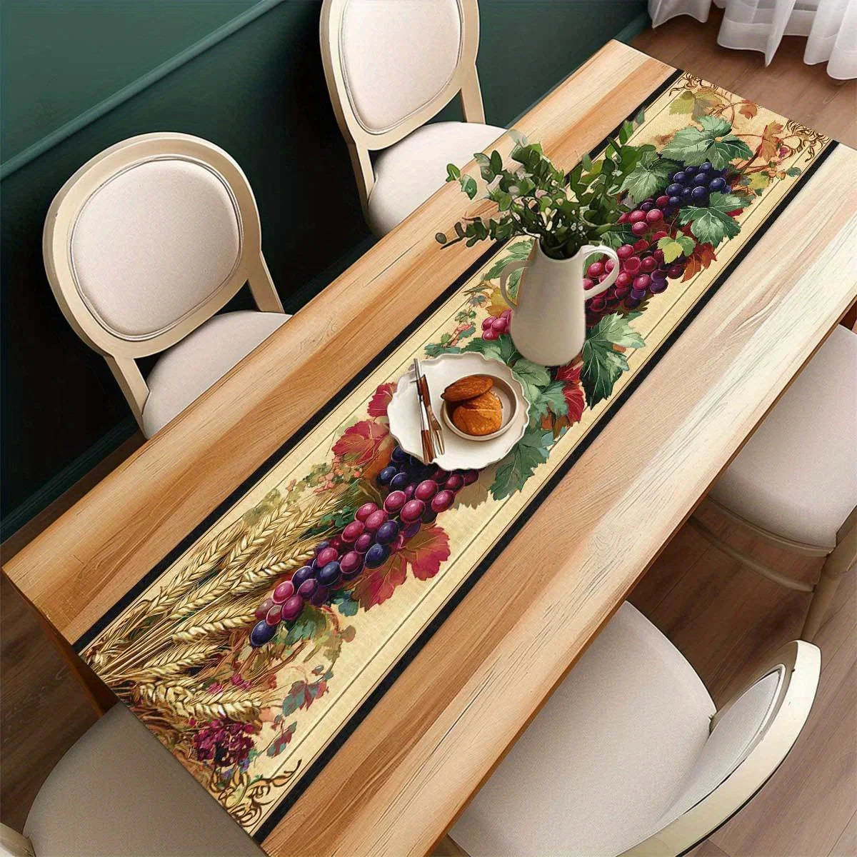 Harvest Table Runner – Grape, Wheat & Leaf Pastoral Print Table Runner PLUSH