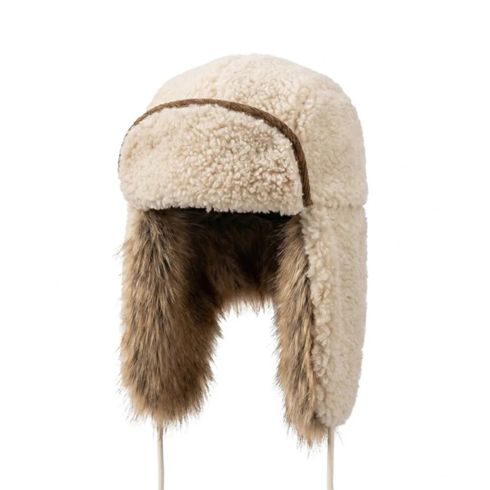 Windproof Winter Pilot Earflap Hat – Fleece Lined Beanie Cap Winter Earflap Hat PLUSH Beige