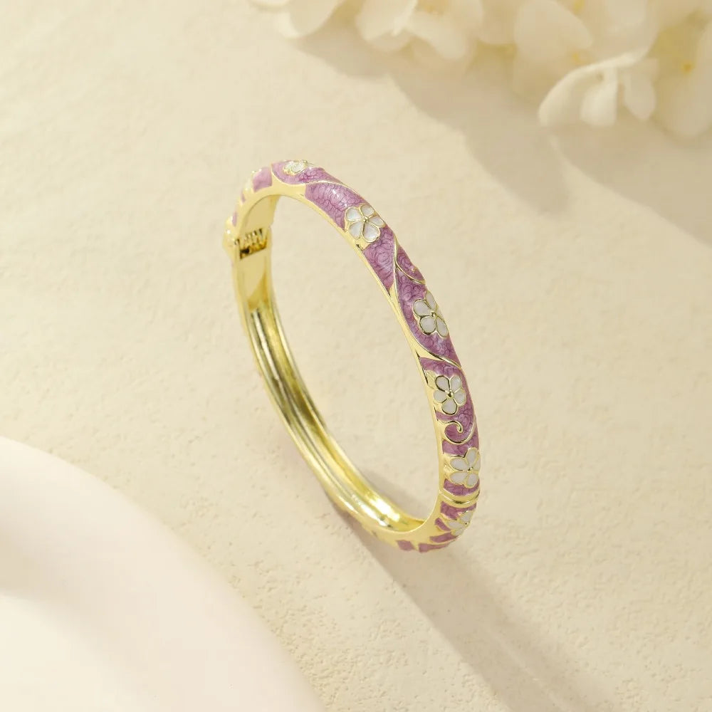 Cloisonné Enamel Floral Bangle – Vintage Ethnic Bracelet Enamel Bangle PLUSH purple and white