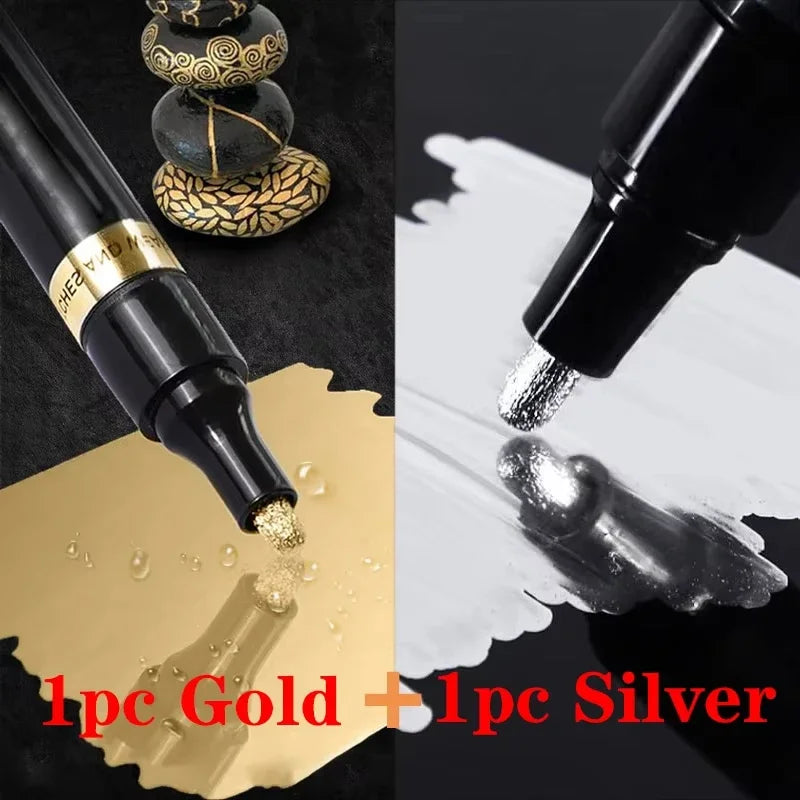 Chrome Mirror Marker Pen 2mm – Gold & Silver Reflective Paint Metallic Paint Marker PLUSH 1pc silver 1pc gold