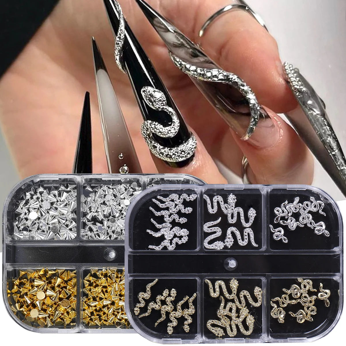 Rhinestone Snake Rivet Nail Charms – Punk Gold & Silver 2 Boxes Nail Art Charms PLUSH