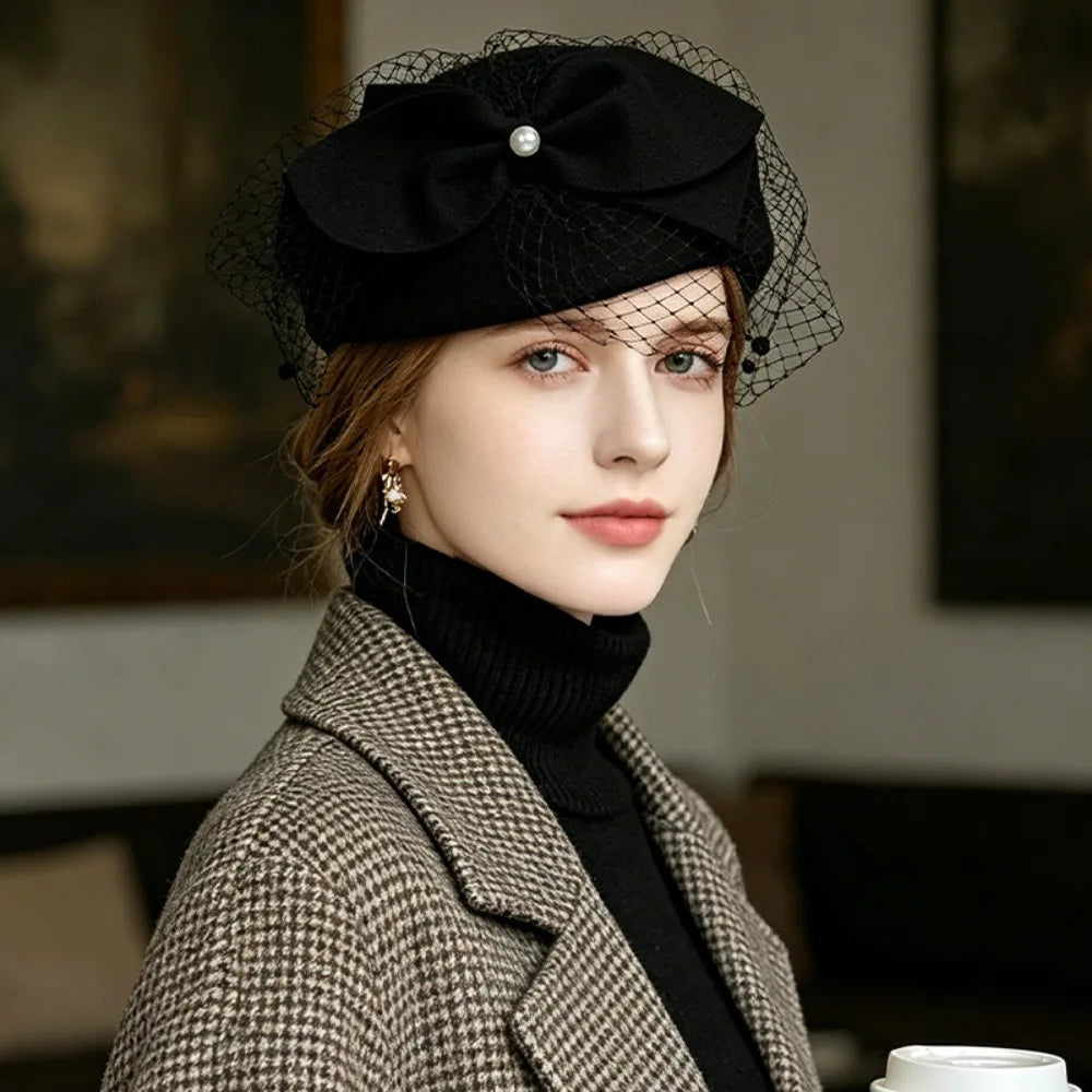 Women's Elegant Pearl Bow Fedora Top Hat | Party & Fashion Women's Fashion Hat PLUSH Black