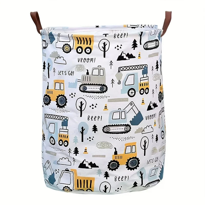 Large Foldable Laundry Basket – Cartoon Construction Vehicle Print Foldable Laundry Basket PLUSH White 42x36cm