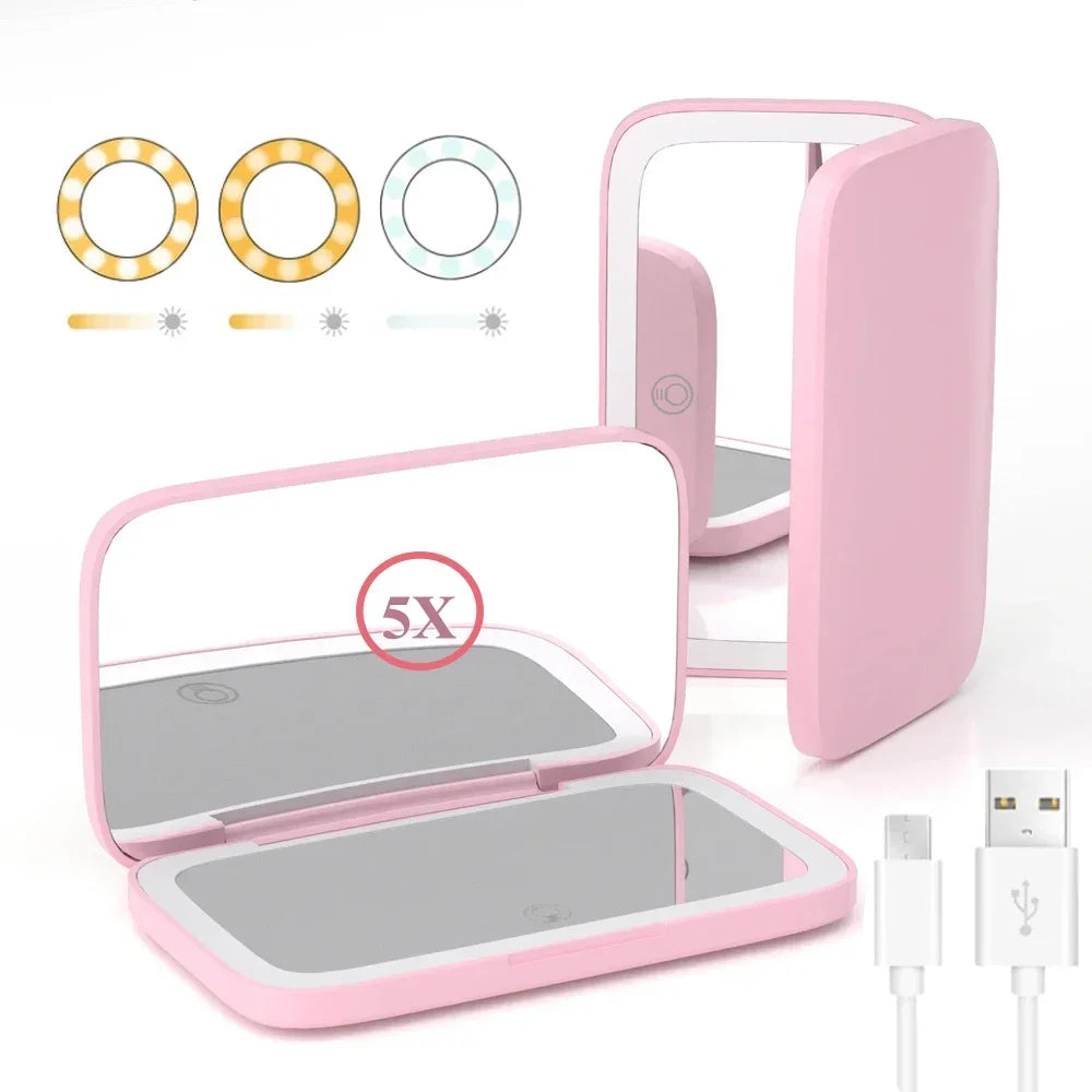 LED Compact Makeup Mirror 1x/5x Magnification Rechargeable Lighted Makeup Mirror PLUSH