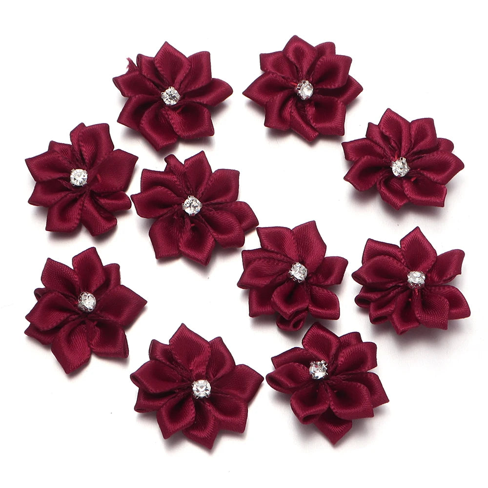 10pcs 3cm Satin Ribbon Flowers Rhinestone 9-Petal DIY Craft Fabric Flower Appliqué PLUSH Wine Red