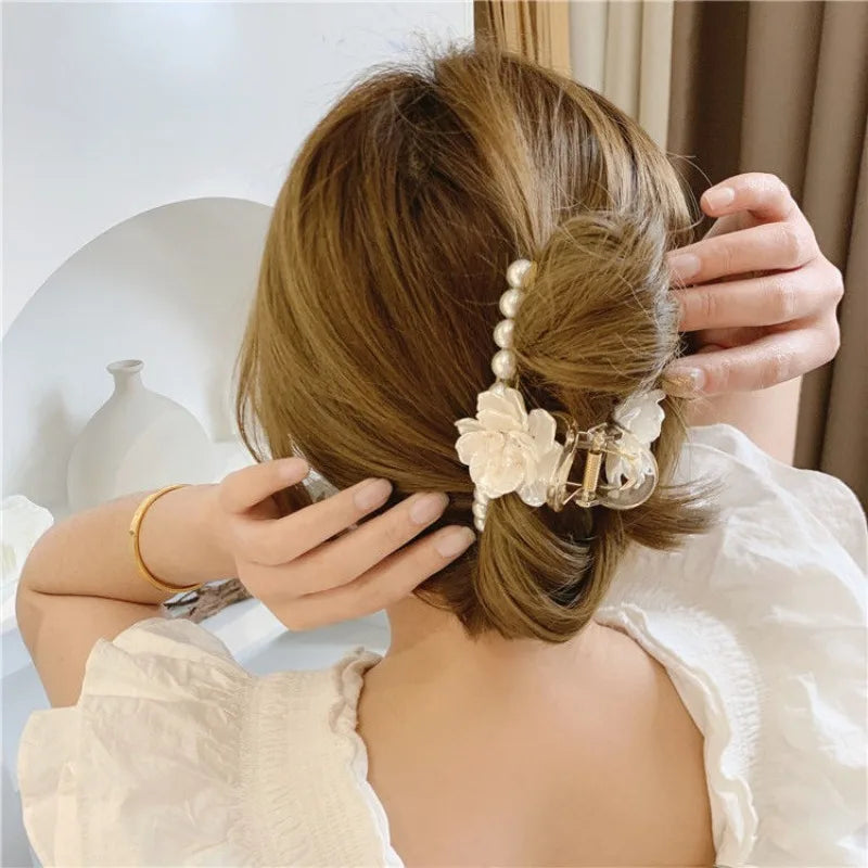 Floral Pearl Shark Hair Claw Clip – Korean Elegant Updo Hair Claw Clip PLUSH