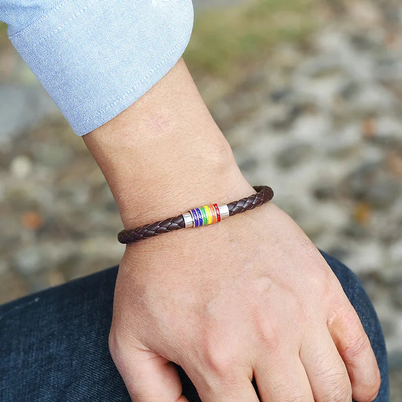 Rainbow Braided Leather Bracelet – Magnetic Buckle Unisex Bangle Leather Charm Bracelet PLUSH