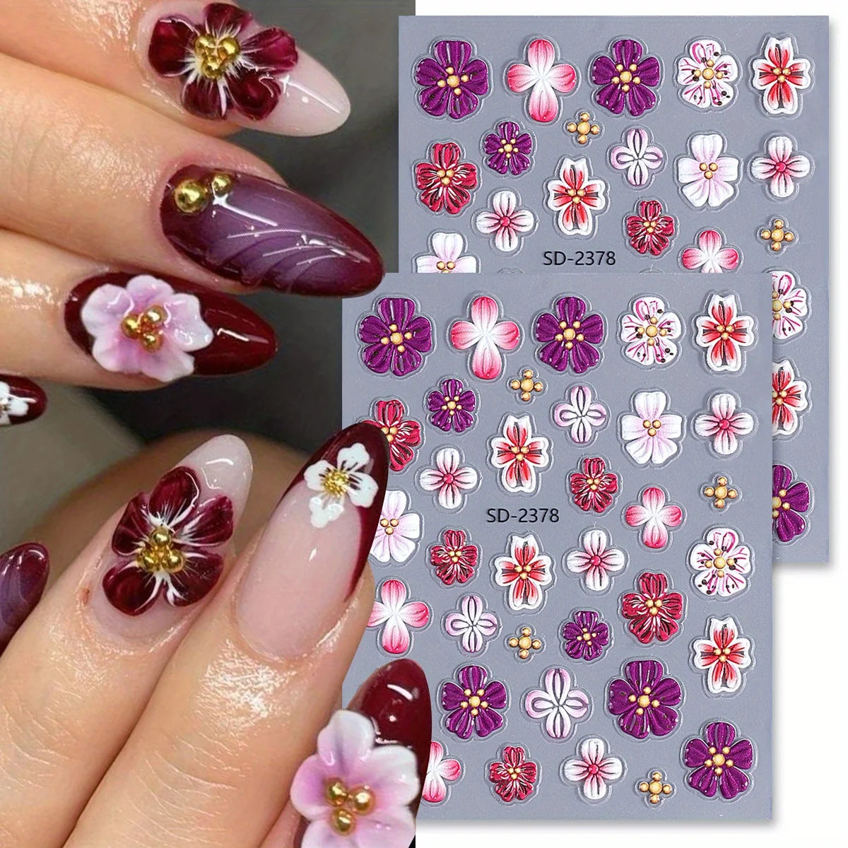 3D Hibiscus Floral Matte Nail Stickers Gradient Purple Pink – 2pcs Nail Art Stickers PLUSH