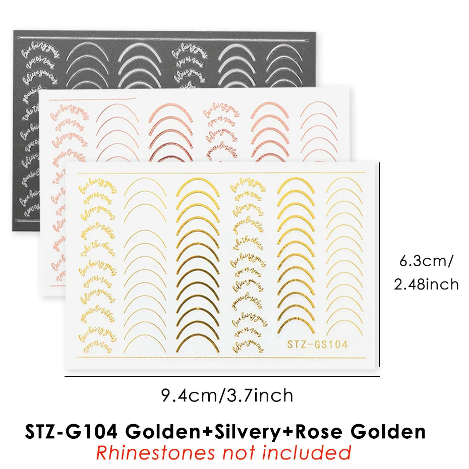 French Line Nail Stickers with Rhinestones Gold Silver 2/3pcs Nail Art Stickers PLUSH STZ-GS104 3Color