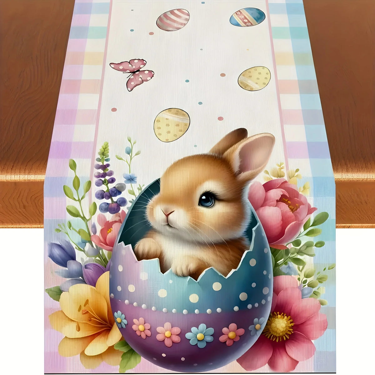 Happy Easter Tablecloth – Rabbit, Eggs & Floral Print | Festive Holiday Tablecloth PLUSH A 33X275Cm