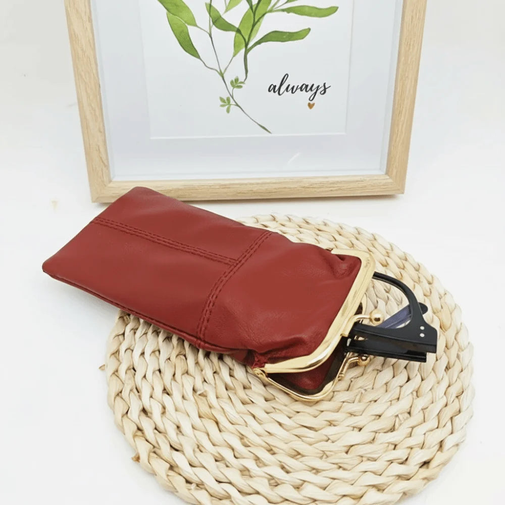 Leather Kiss Lock Eyeglasses Case – Retro Metal Clasp Pouch Eyeglasses Case PLUSH