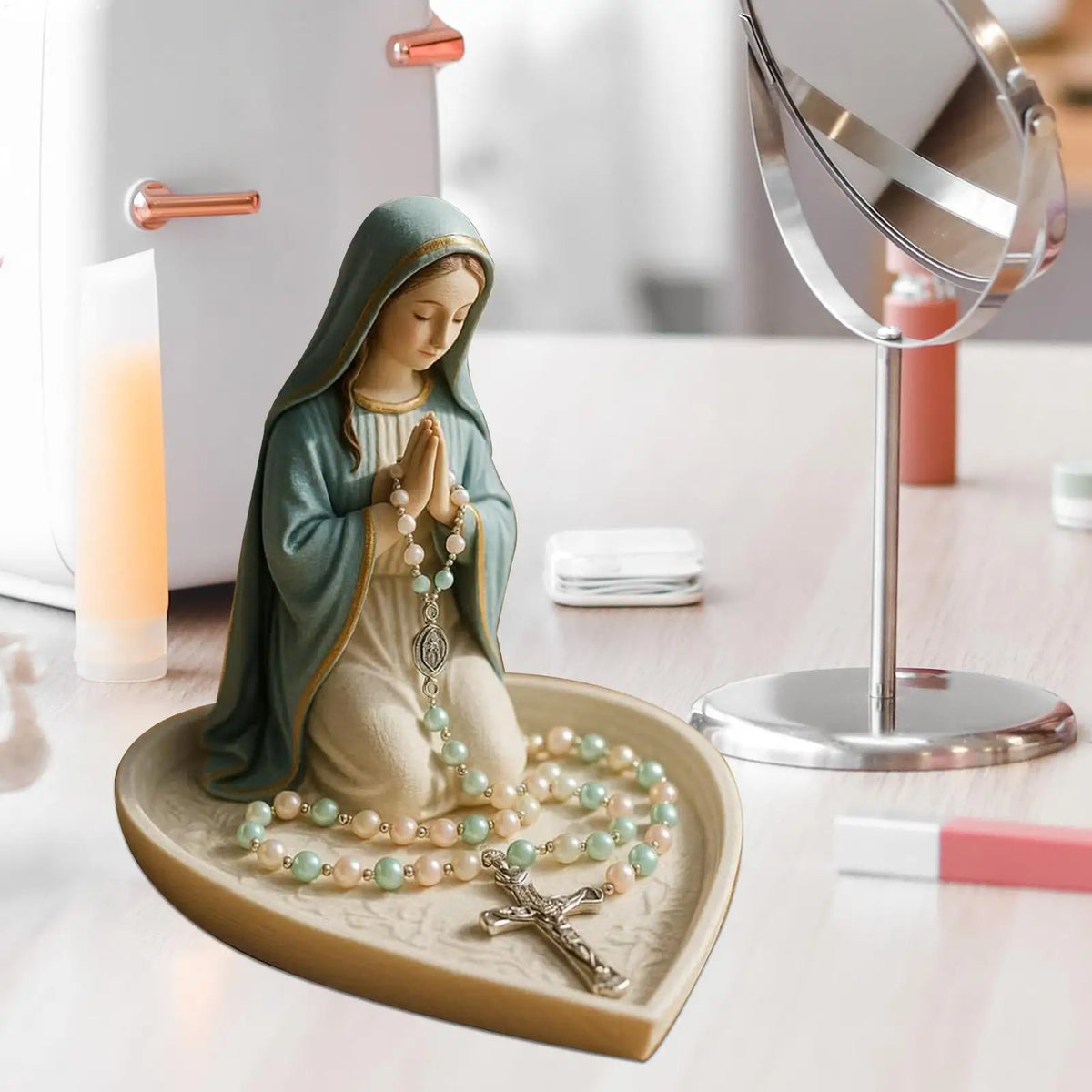 Virgin Mary Rosary Holder Statue – Our Lady of Grace Decor Religious Figurine PLUSH