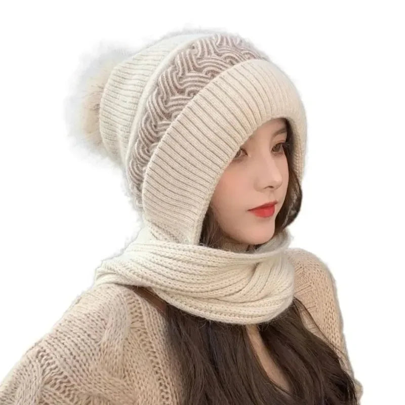 Women's Fleece Knit Hat & Scarf Set – Windproof Winter Winter Hat Scarf Set PLUSH Beige Hat 5PCS