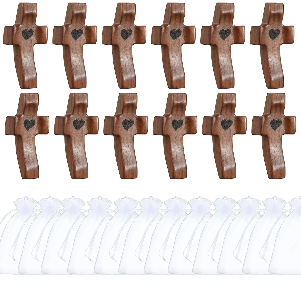 Pocket Wooden Fidget Cross with Organza Bags – 3-12pcs Set Wooden Pocket Cross PLUSH Brown-12PCS