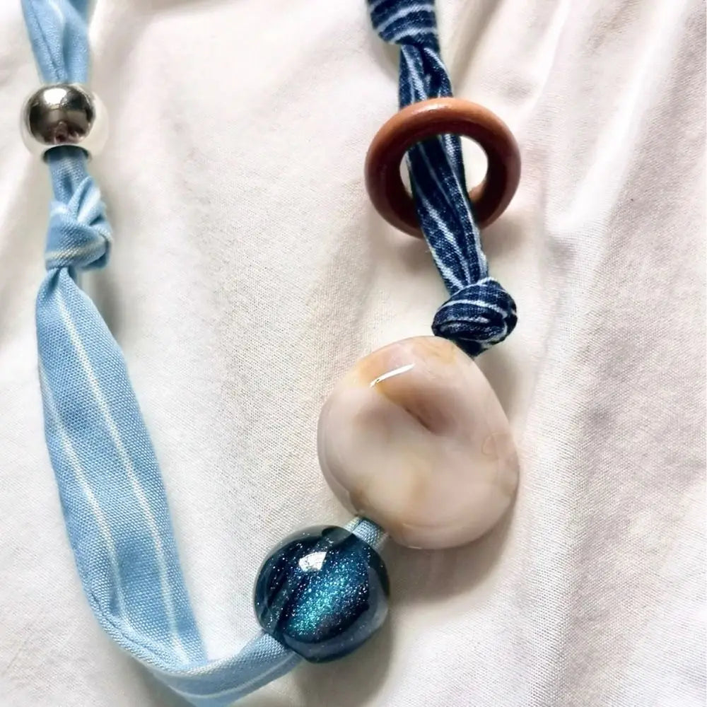 Ethnic Patchwork Cloth & Wood Bead Clavicle Necklace | Boho Boho Beaded Necklace PLUSH