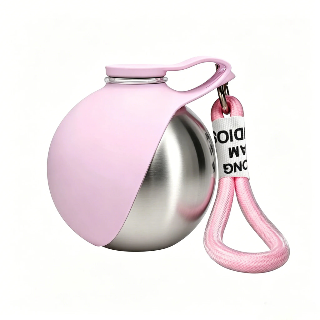 Stainless Steel Pet Water Bottle with Foldable Bowl for Dogs Pet Water Bottle PLUSH Pink