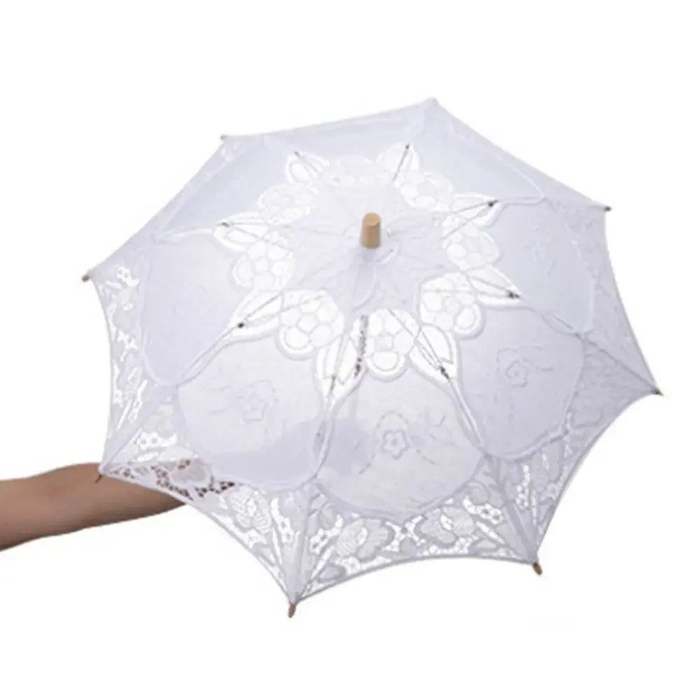 Floral Lace Wedding Parasol – Wooden Handle Bridal Prop Bridal Prop Parasol PLUSH White-S