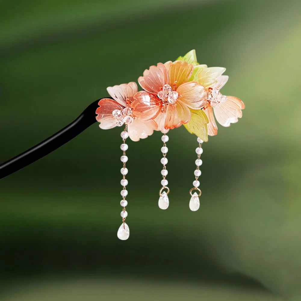 Wooden Chinese Hair Stick Vintage Flower Tassel Hairpin Fork Hair Stick Hairpin PLUSH Style 19