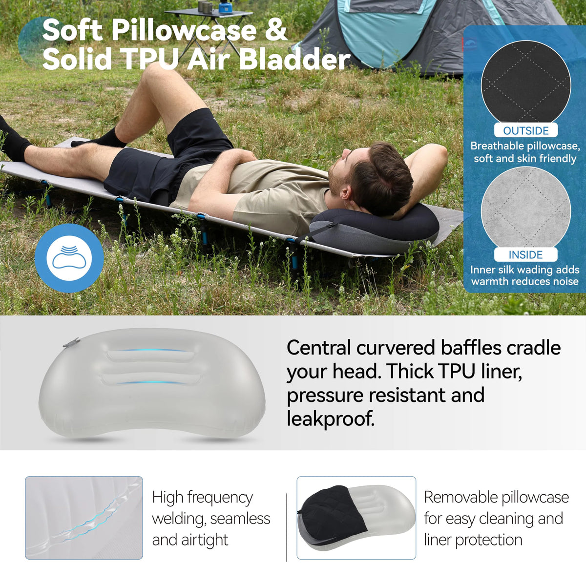 Ultralight Inflatable Camping Pillow – Washable Cover | MEXiZE Inflatable Camping Pillow PLUSH
