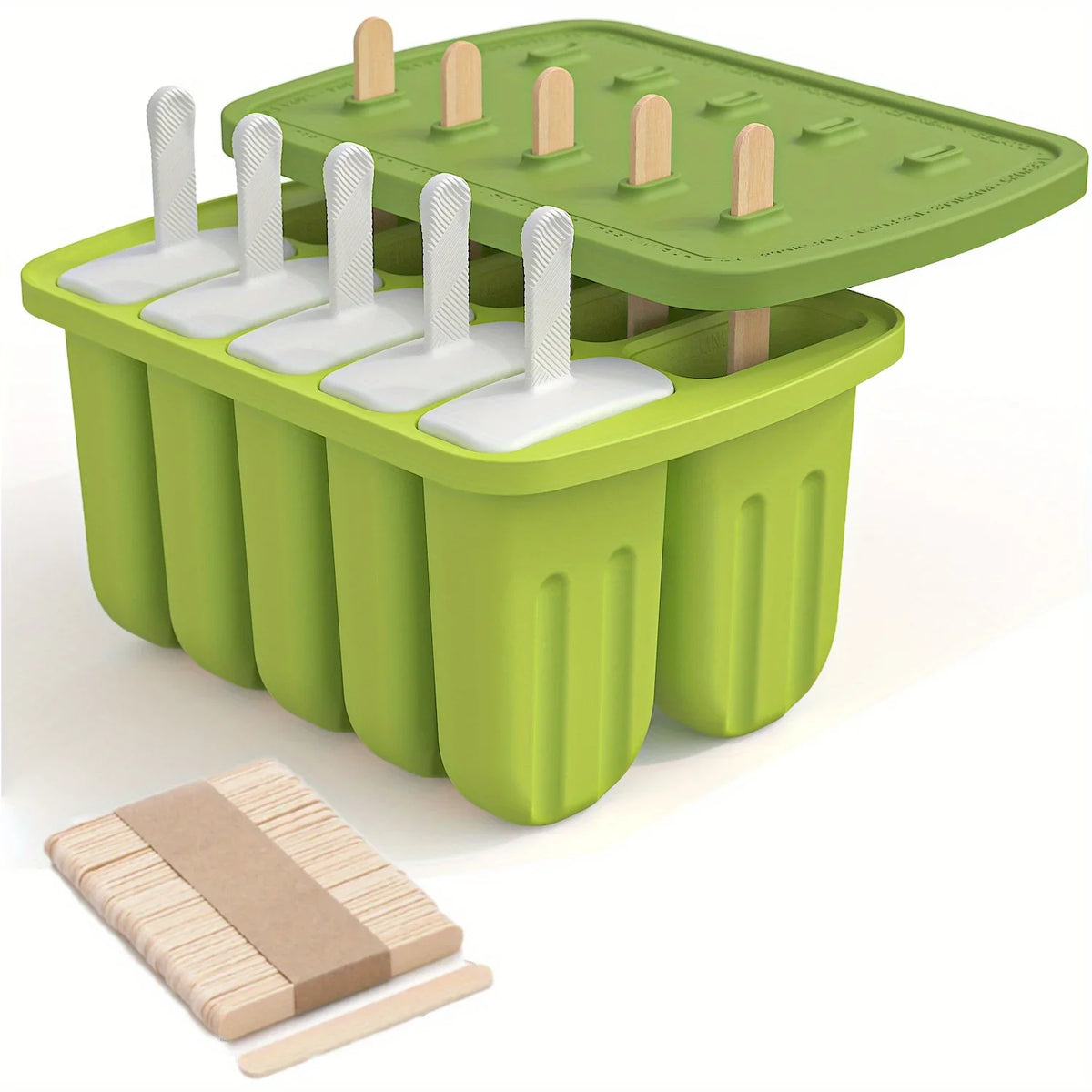 Silicone Popsicle Molds 10-Cavity Ice Pop Maker + 50 Sticks Ice Pop Mold PLUSH Green