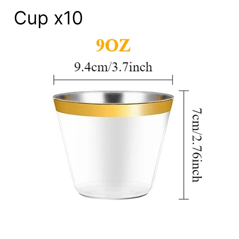Gold Rim Disposable Dinnerware Set – Plates, Cups & Cutlery Disposable Dinnerware Set PLUSH Cup