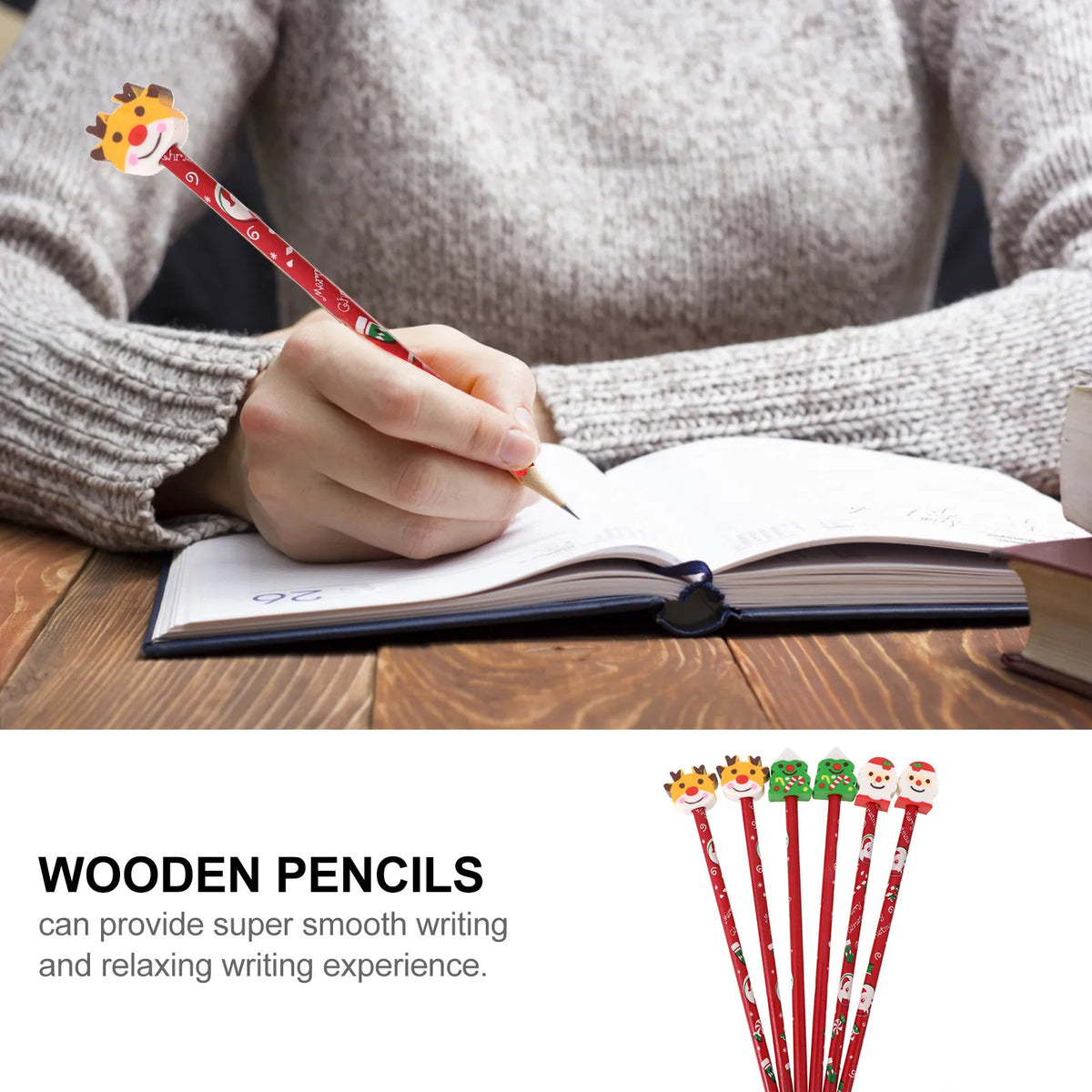 6pcs Christmas Cartoon Wooden Pencils with Erasers | Xmas Gift Novelty Pencil Set PLUSH