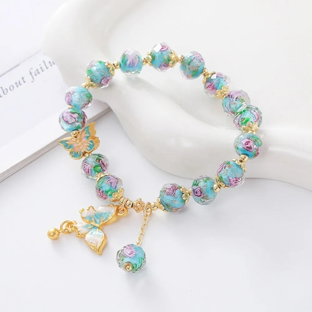 Butterfly Rose Beaded Bracelet – Vintage Lampwork Glass Charm Beaded Charm Bracelet PLUSH Blue