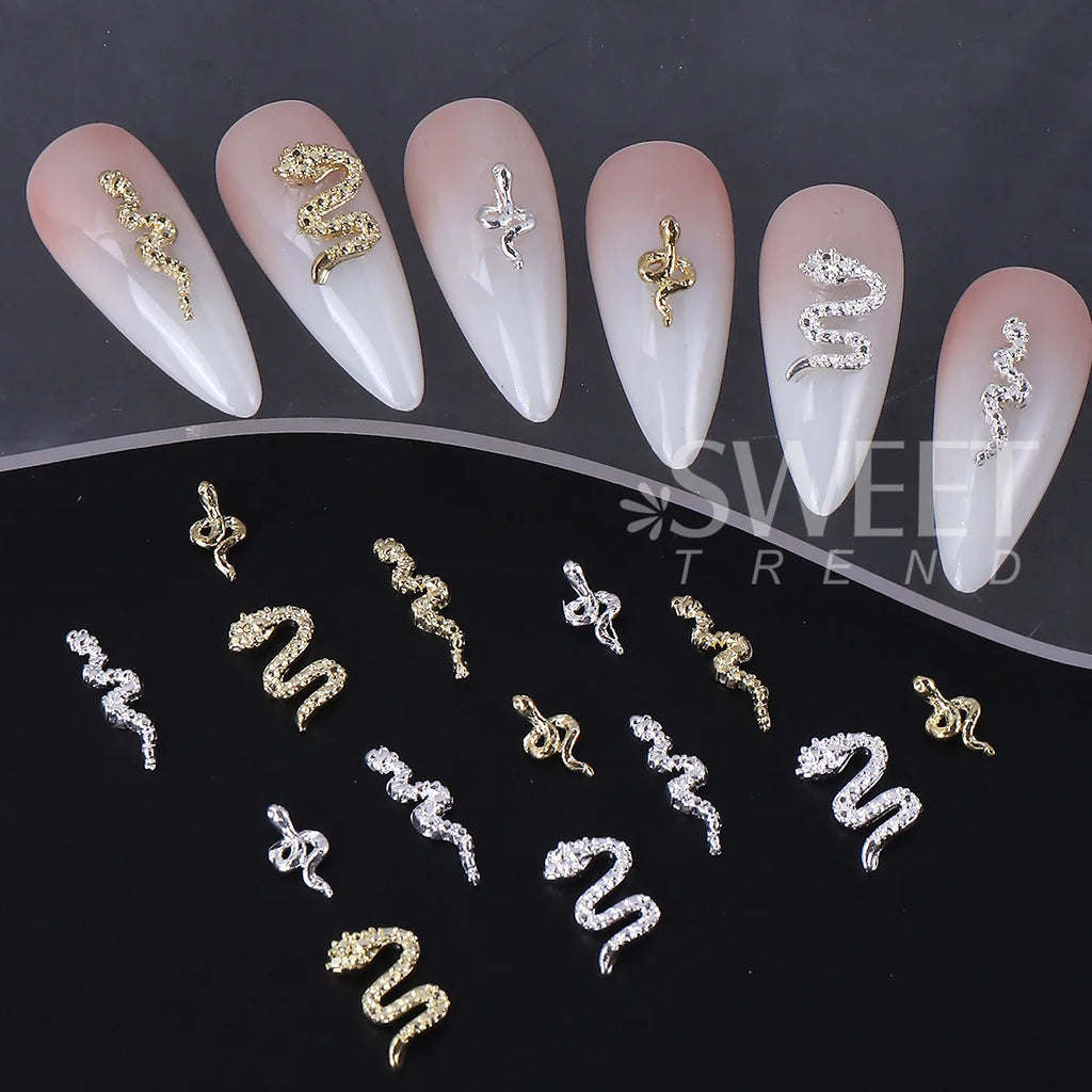 Rhinestone Snake Rivet Nail Charms – Punk Gold & Silver 2 Boxes Nail Art Charms PLUSH