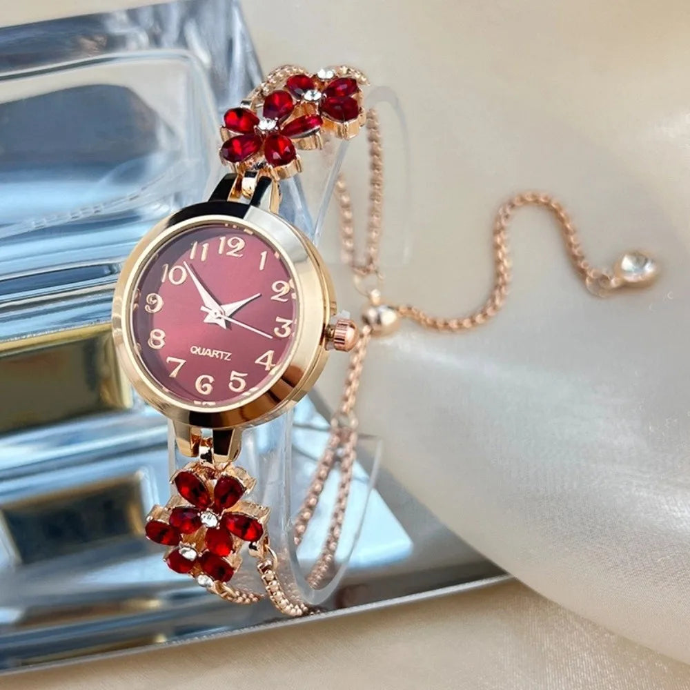 Women's Flower Quartz Bracelet Watch – Double Chain Oval Dial Women's Bracelet Watch PLUSH Red