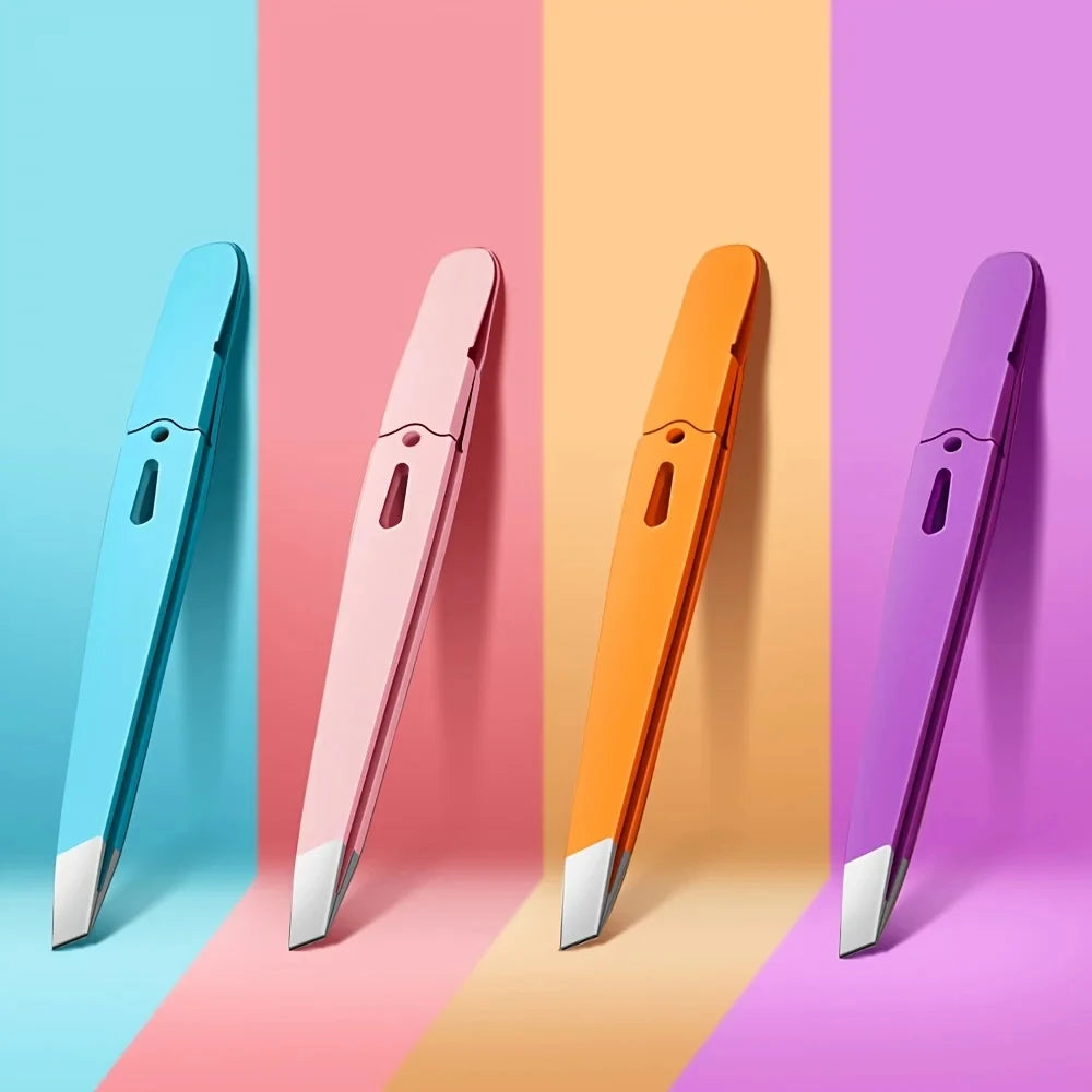 Pink Stainless Steel Slant-Tip Eyebrow Tweezers | Precision Eyebrow Tweezers PLUSH mix colour 4 pcs