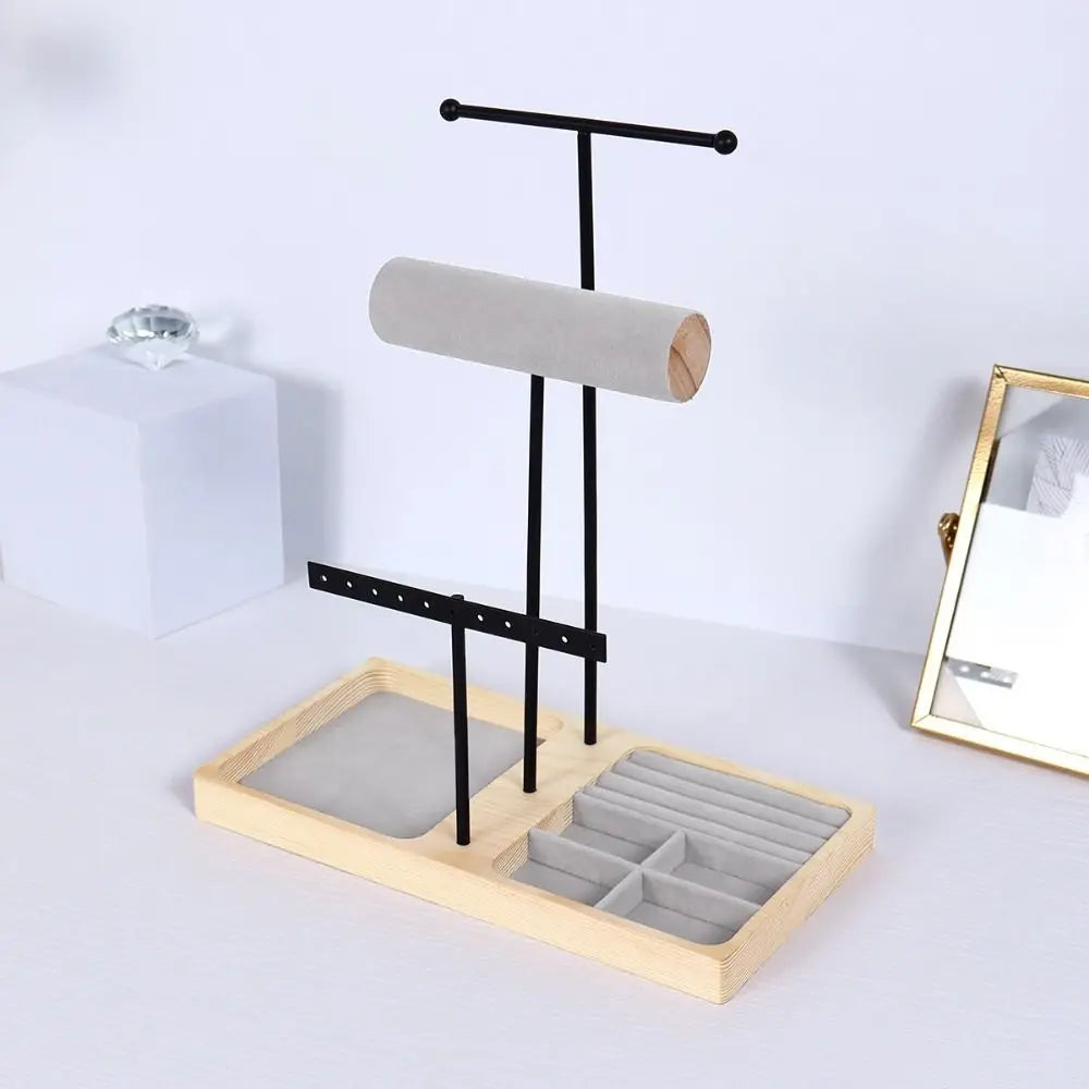 Wood & Metal T-Shape Jewelry Stand – Necklace & Earring Rack Jewelry Display Stand PLUSH