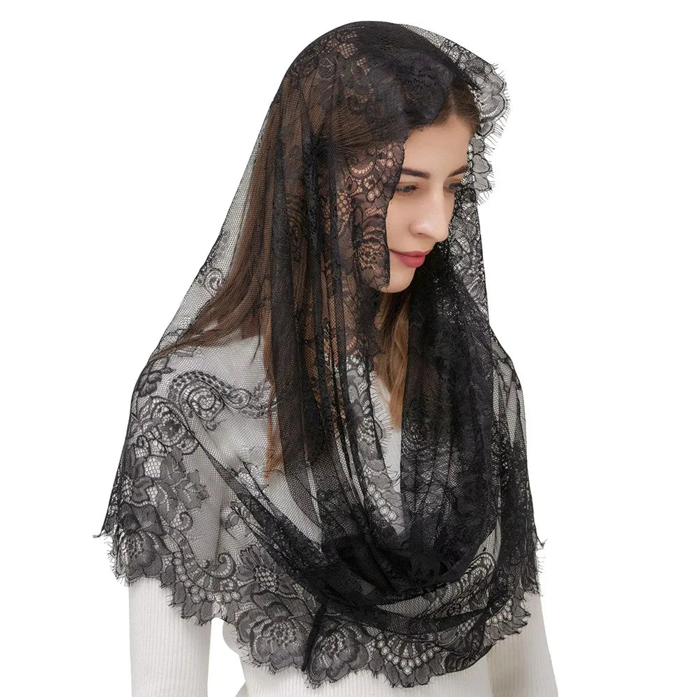 Spanish Lace Mantilla Veil Black White – Bridal Head Covering Lace Mantilla Veil PLUSH Black