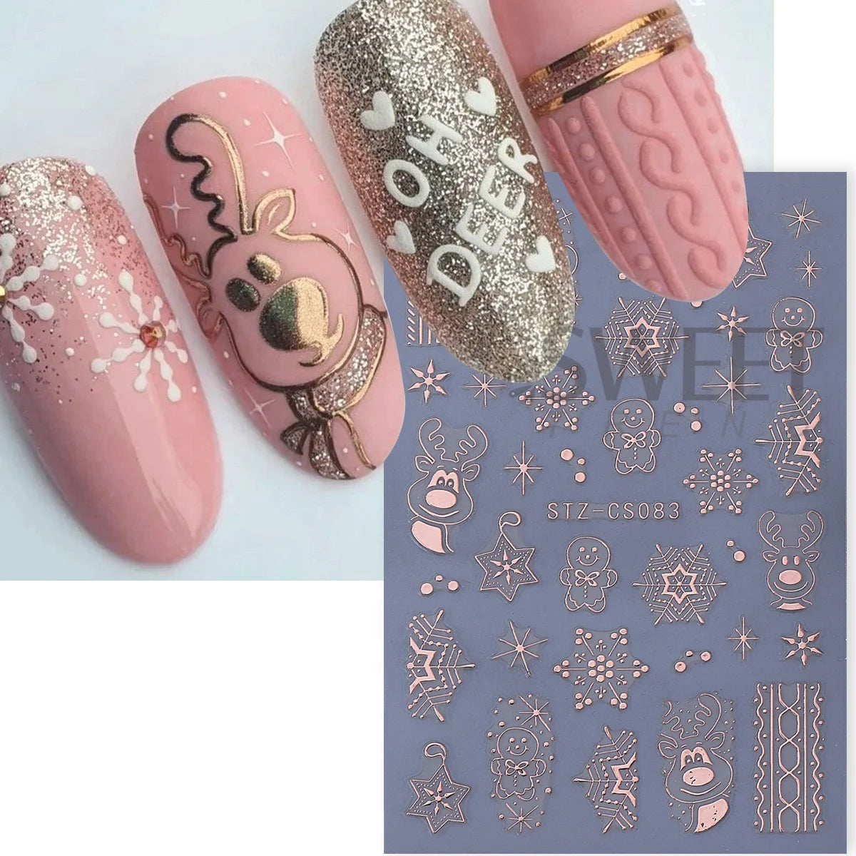 Christmas Metallic Nail Stickers Rose Gold Reindeer Snowflake 4pc Nail Art Stickers PLUSH