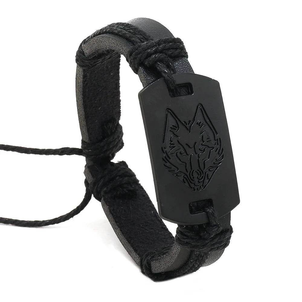 Men's Retro Wolf Charm Leather Bracelet – Adjustable Black Leather Charm Bracelet PLUSH Black