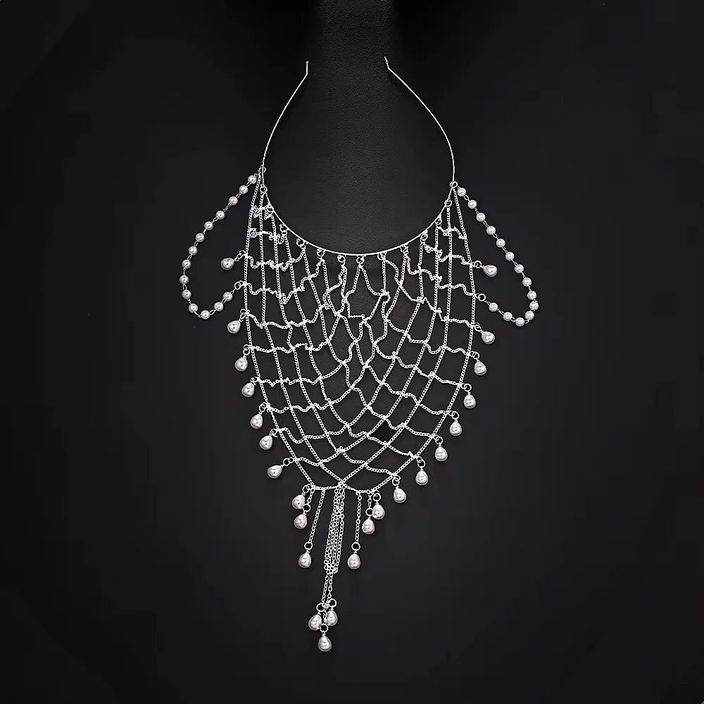 Pearl Hair Chain Draped Beaded Tassel Head Jewelry – Gold/Silver Pearl Hair Headpiece PLUSH Silver