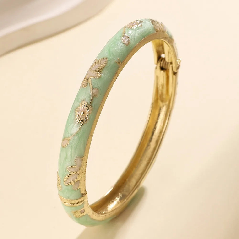 Flower Enamel Cloisonné Bangle – Vintage Filigree Bracelet Enamel Bangle PLUSH Light Green
