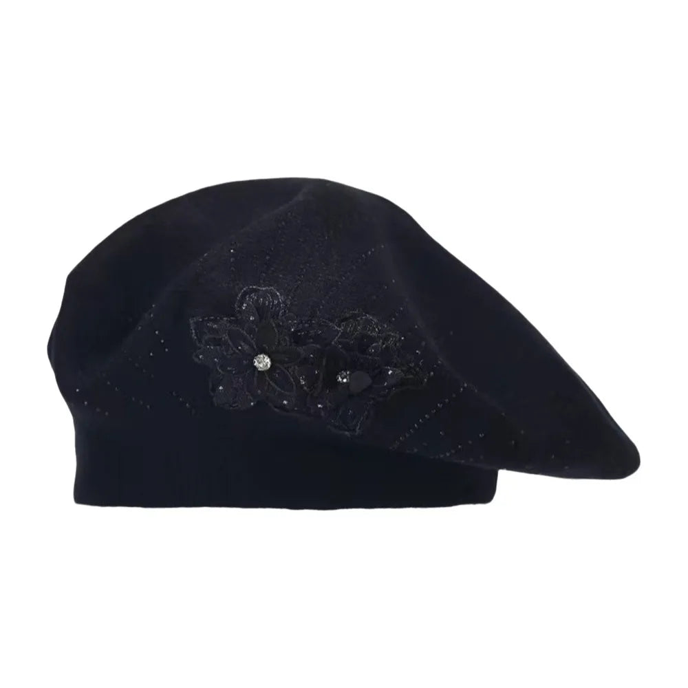 Women's French Beret Hat – Rhinestone Flower Cotton Cap Women's Beret Hat PLUSH Black