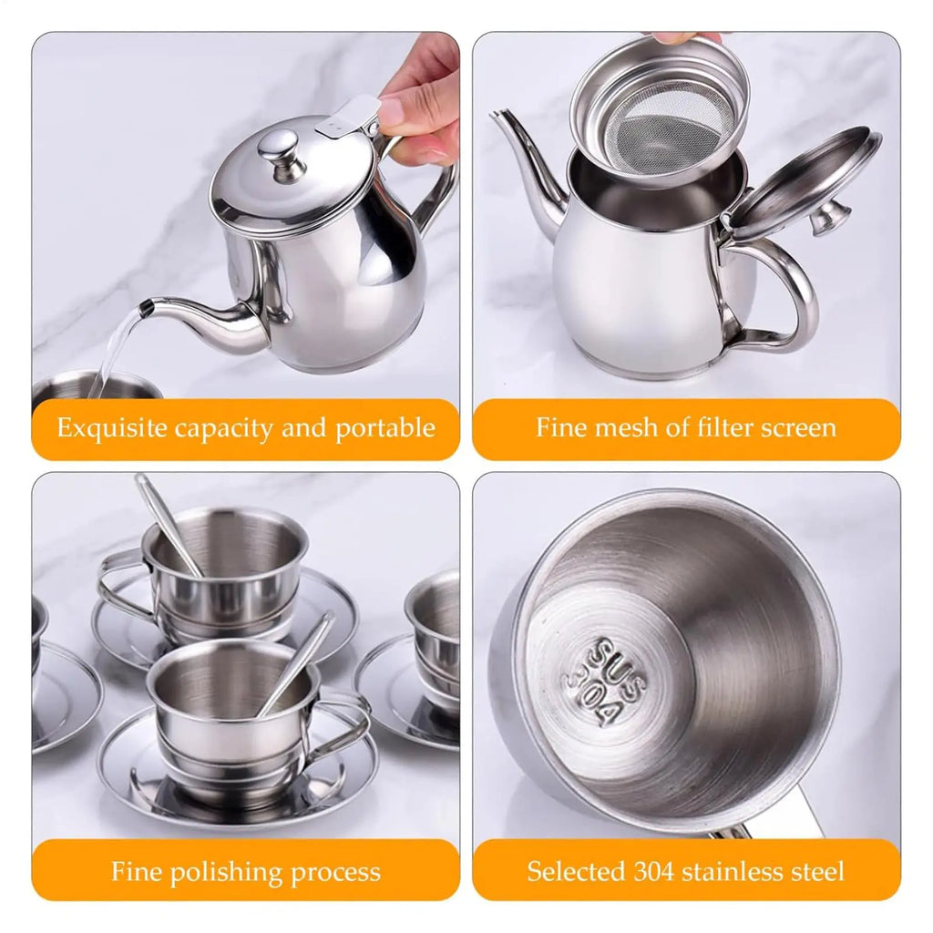Stainless Steel Kids Tea Party Set – Teapot, Cups & Strainer Kids Pretend Play Set PLUSH