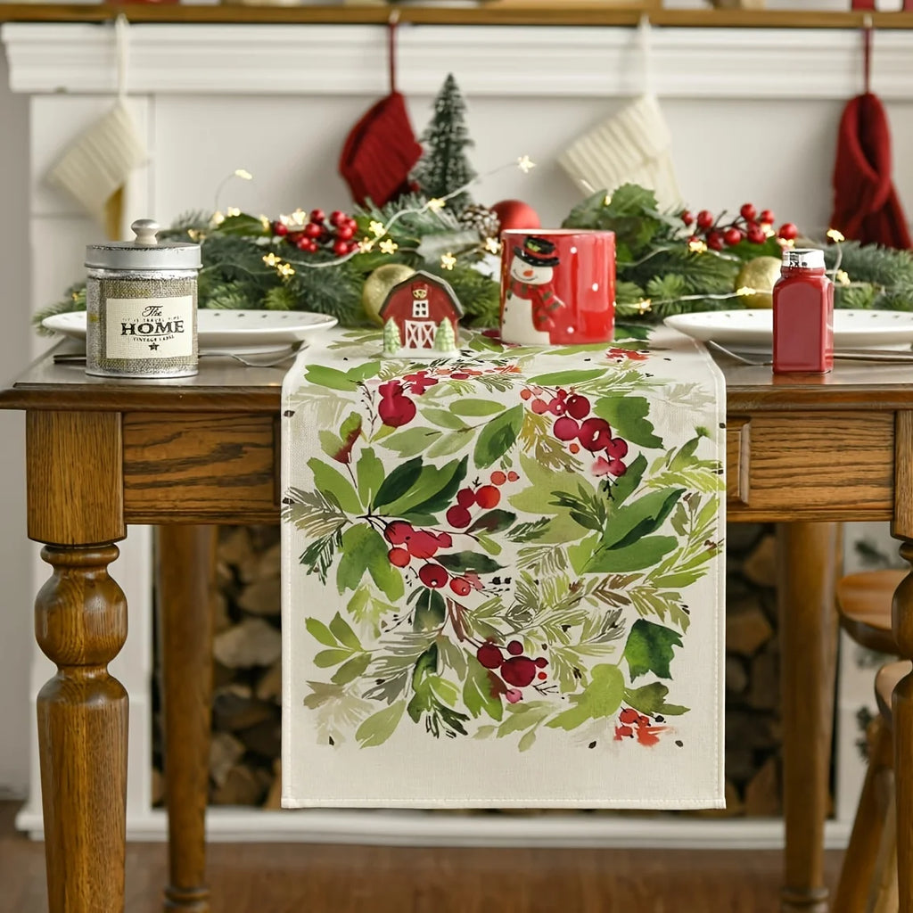 Christmas Table Runner Watercolor Berry Leaf Red Green Print Christmas Table Runner PLUSH