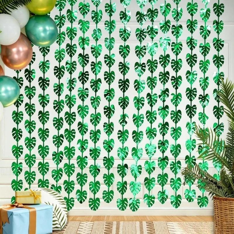 Jungle Leaf Foil Fringe Curtain – Tropical Party Backdrop Party Backdrop Curtain PLUSH