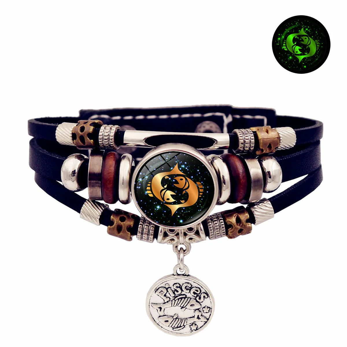 Luminous Zodiac Leather Bracelet – Glow in Dark | All 12 Signs Charm Bracelet PLUSH Pisces