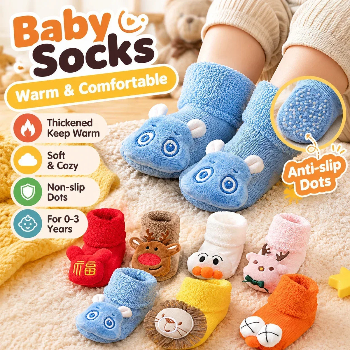 Baby Anti-Slip Gripper Floor Socks – Warm Cotton Infant Set Baby Gripper Socks PLUSH
